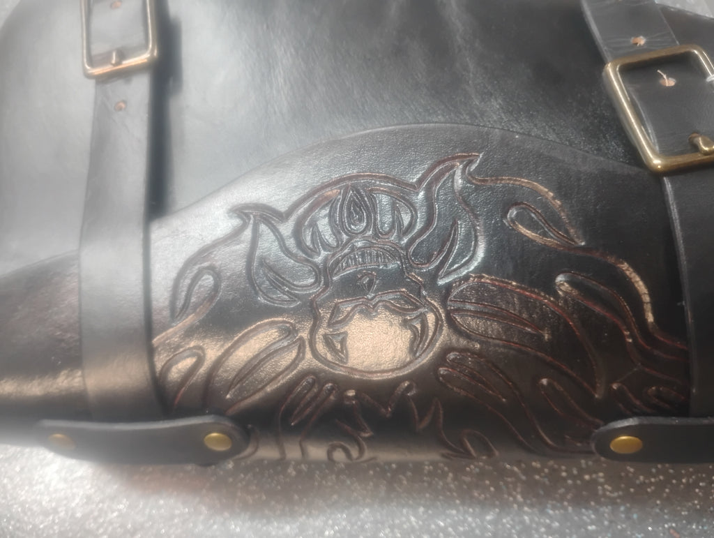 Hand carved Motorcycle saddlebags (Black Skulls)