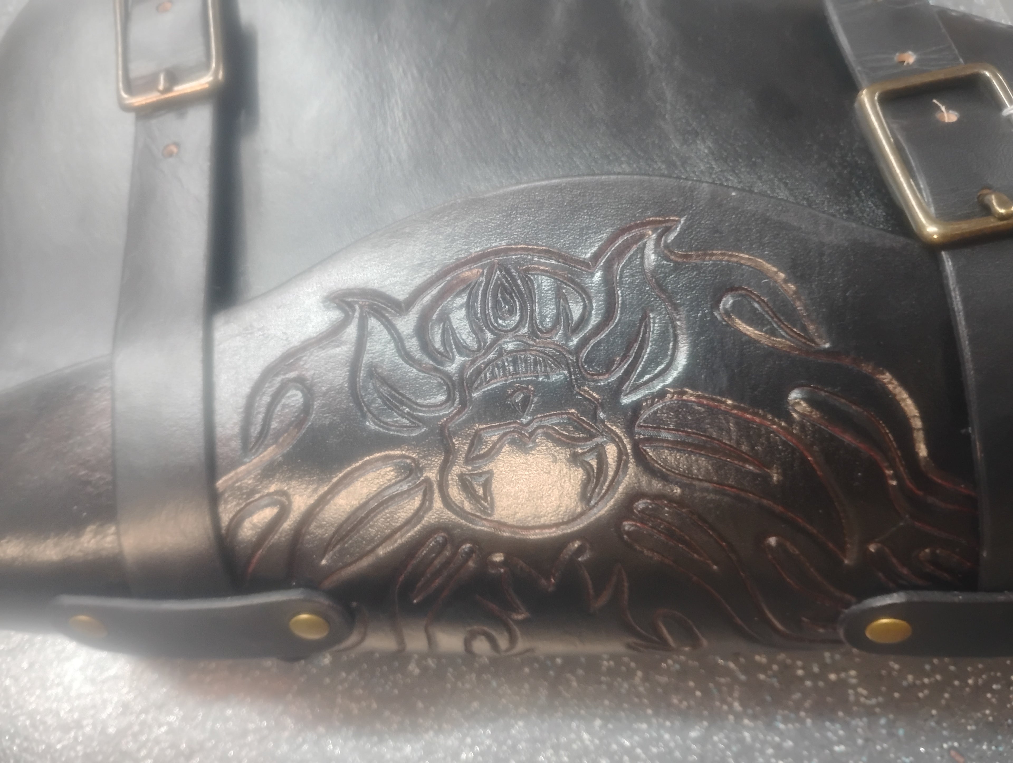 Hand carved Motorcycle saddlebags (Black Skulls)