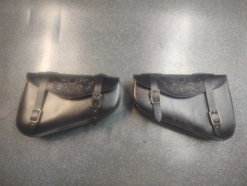 Hand carved Motorcycle saddlebags (Black Skulls)